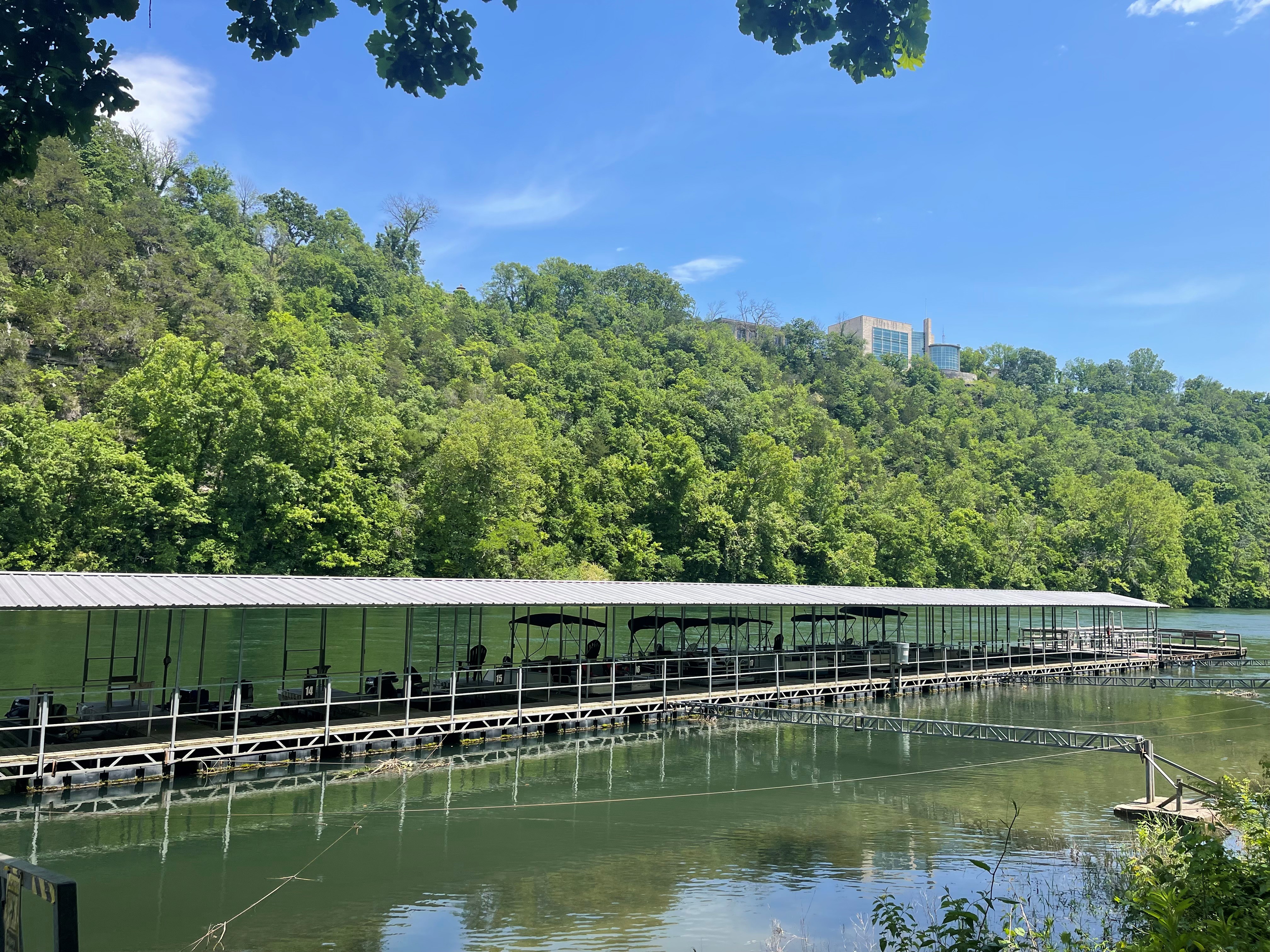 A covered dock on a lake with trees in the background.